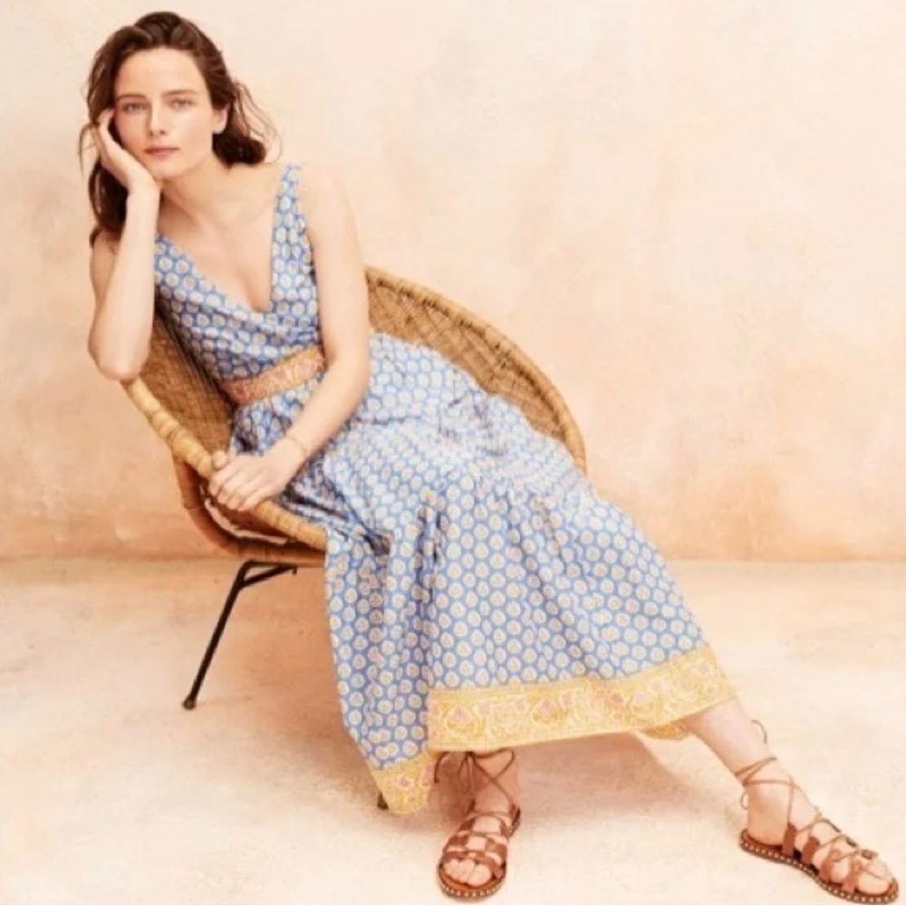 J.Crew Collection Dress (size 2) Elegant Blue and Yellow Blockprint Maxi Dress